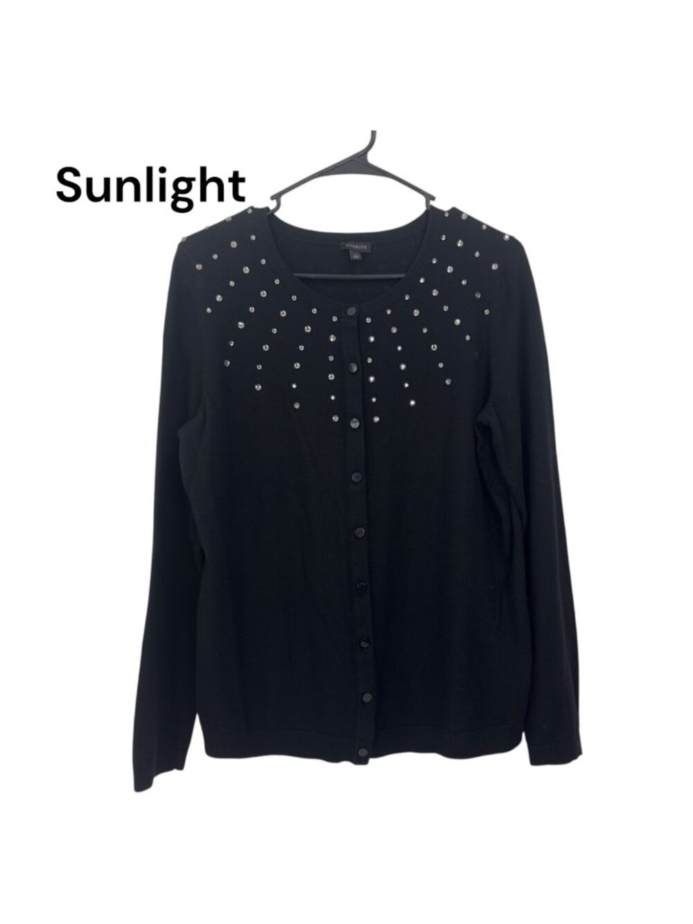 Talbots Women SZ Large Classic Button Up Black Cardigan Rhinestone Embellishment